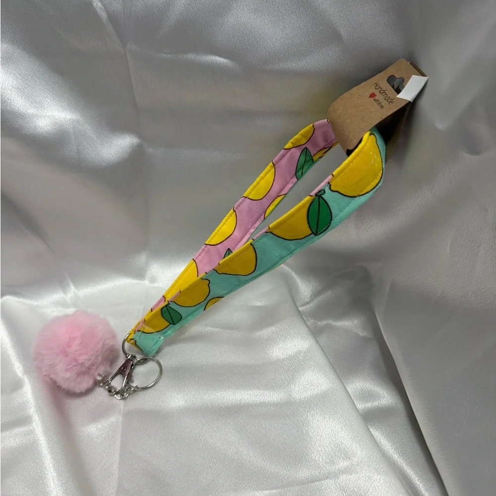 Handmade Colorful Lemon Wristlet Keychain with Light Pink Pompom